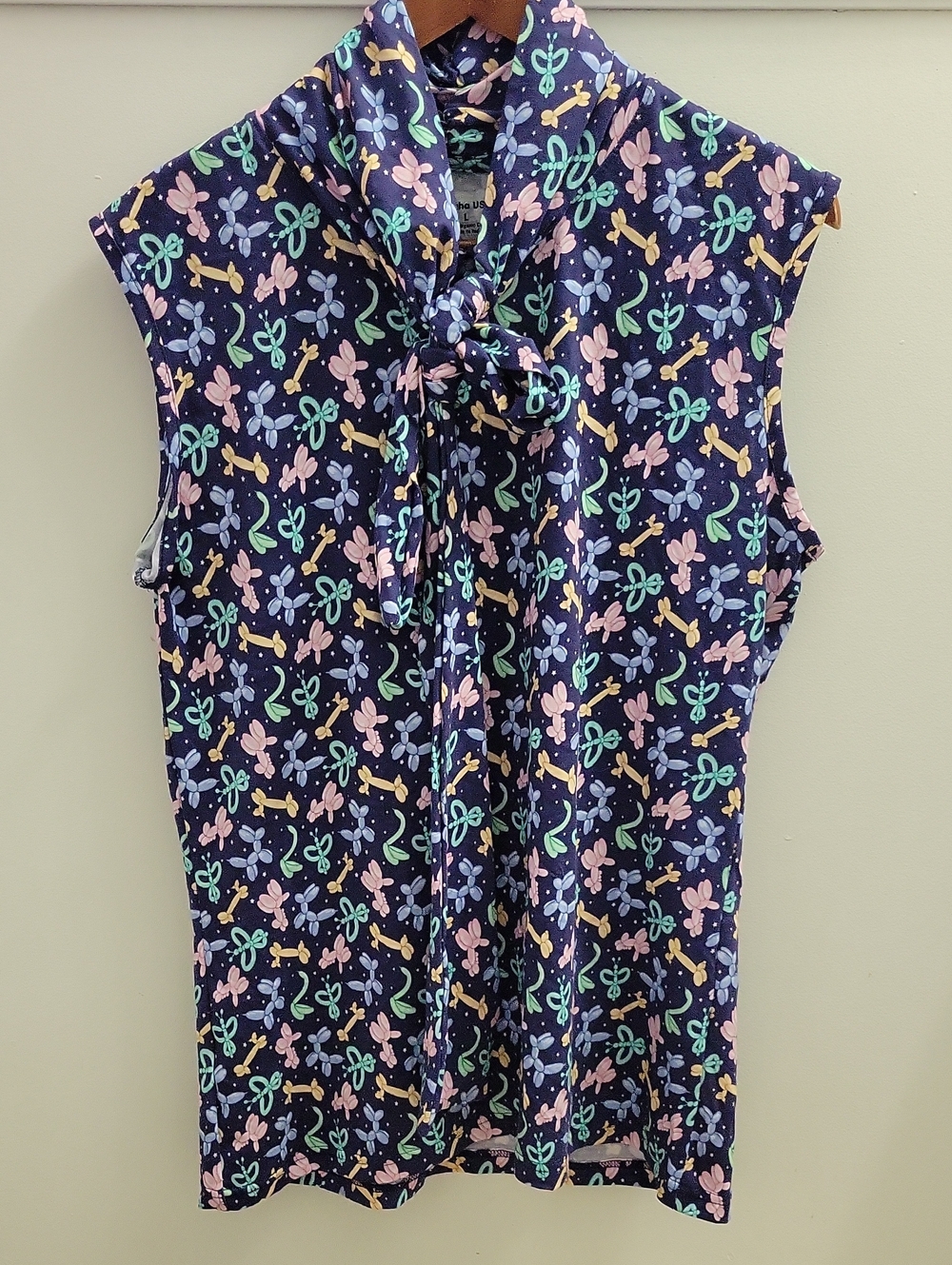 Svaha Balloon Animals Sleeveless Navy Tie-Neck Top - Size Large Organic Cotton